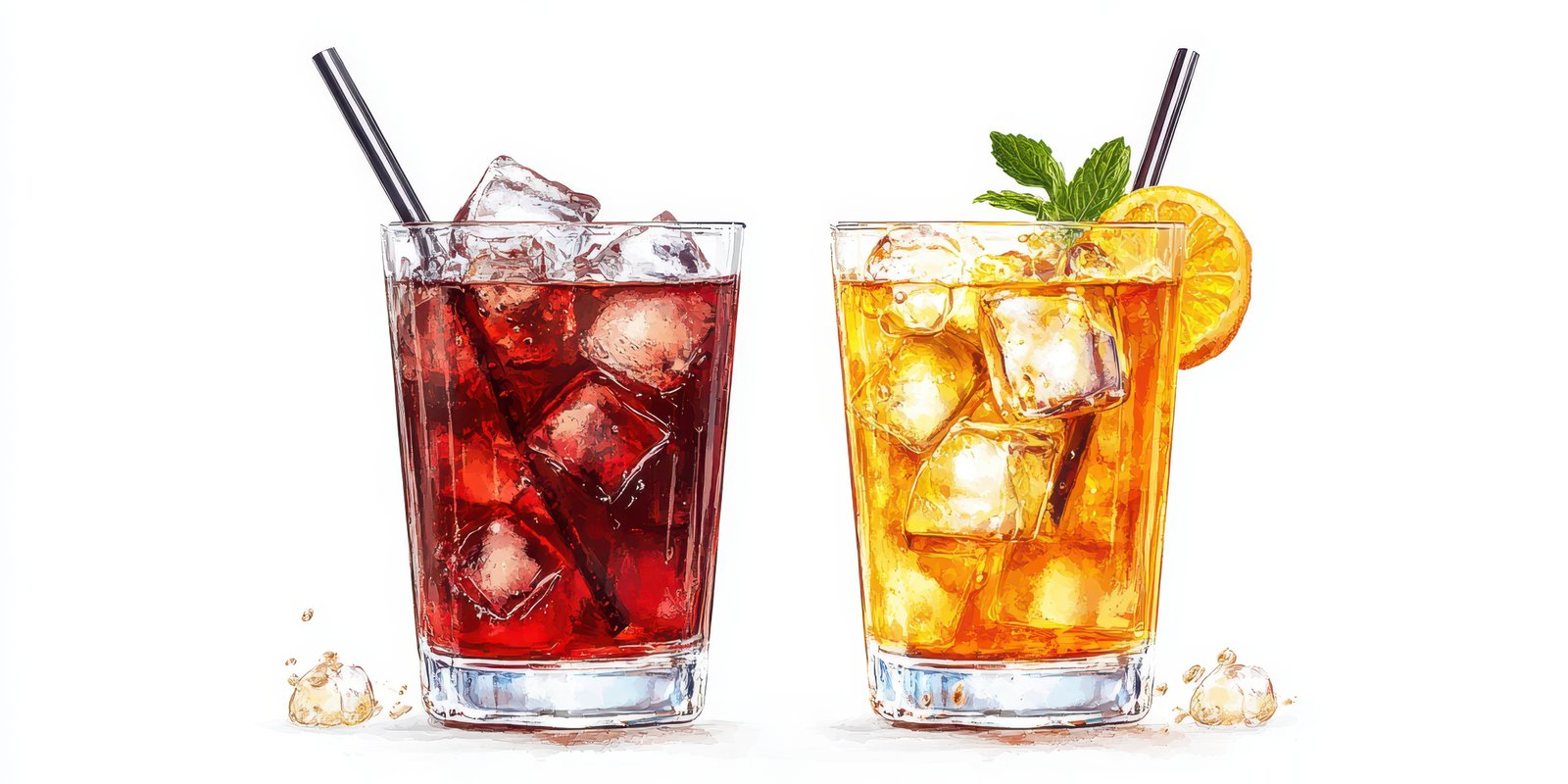 Refreshing drinks served over ice in clear glasses with straws on a bright background
